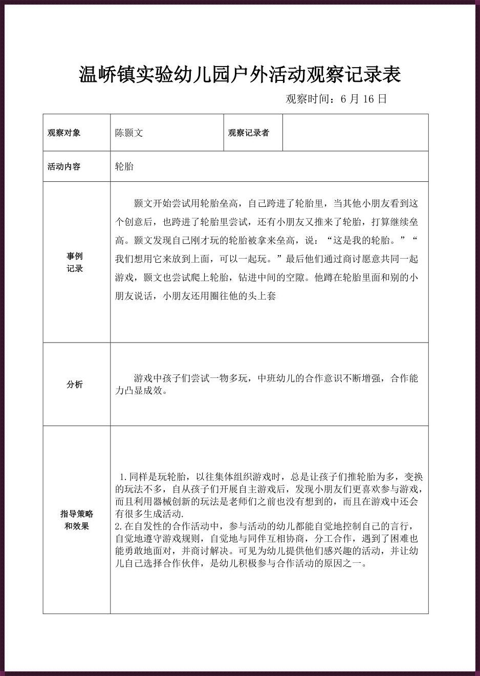 大班户外活动观察记录表40篇：揭示神秘面纱下的精彩