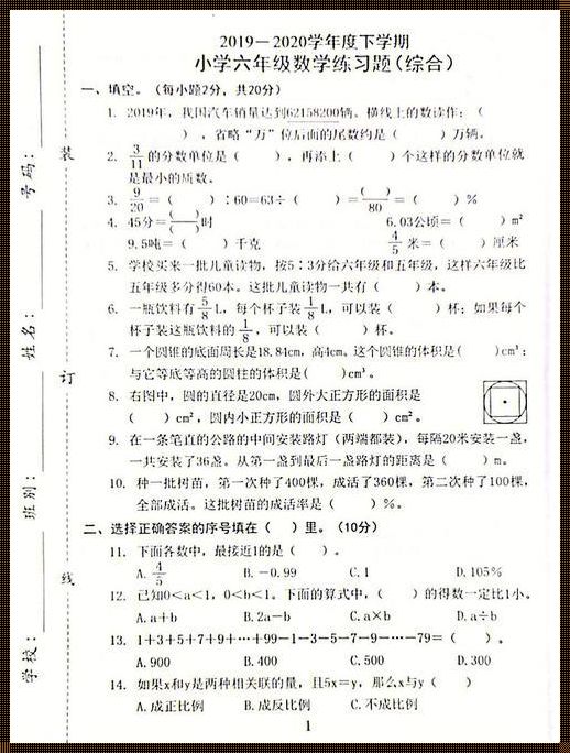 惊现地区特色！探秘六年级下册数学综合试卷